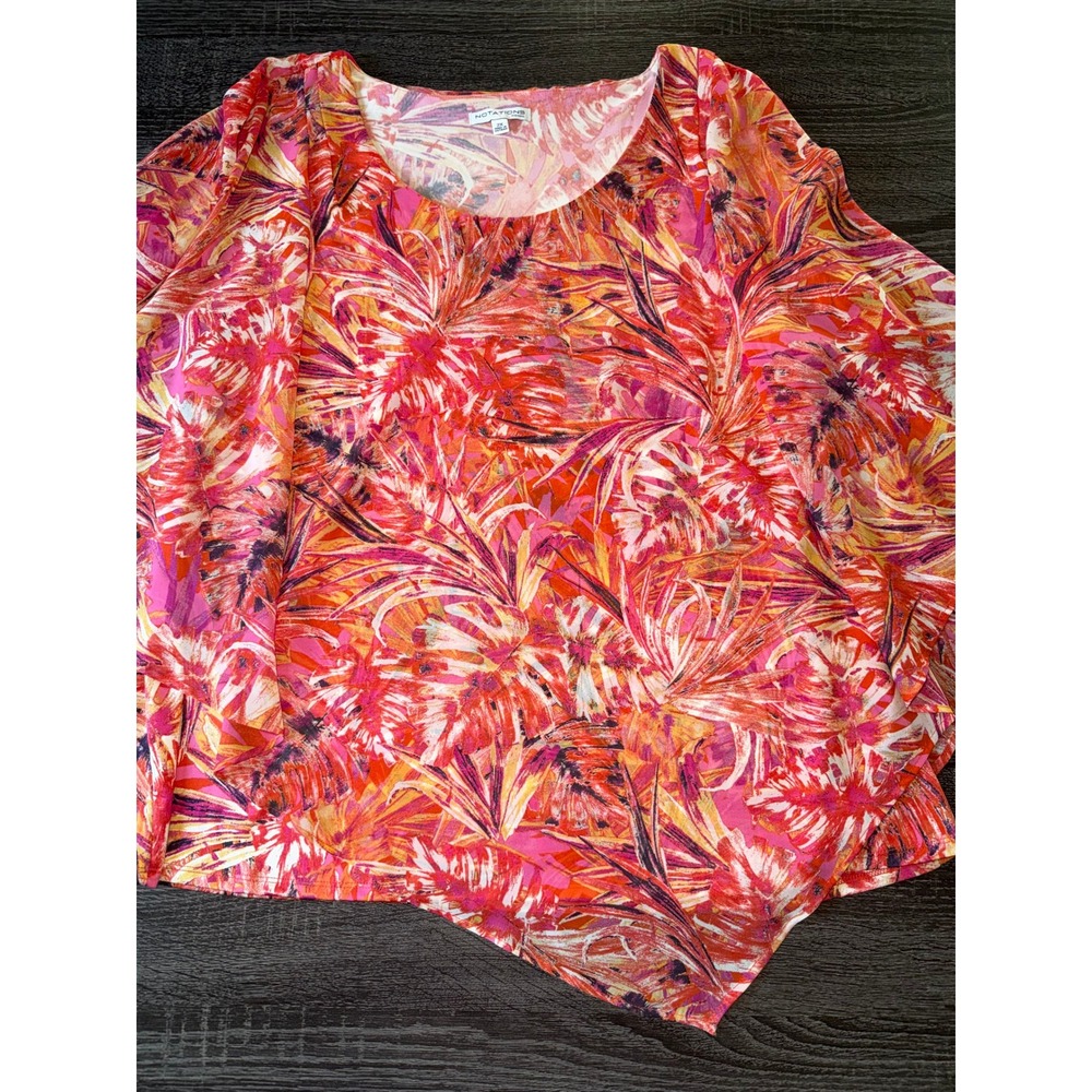 Notations Woman 2X Tropical Palm Print Poncho‎ Blouse Red Pink Asymmetrical Hem